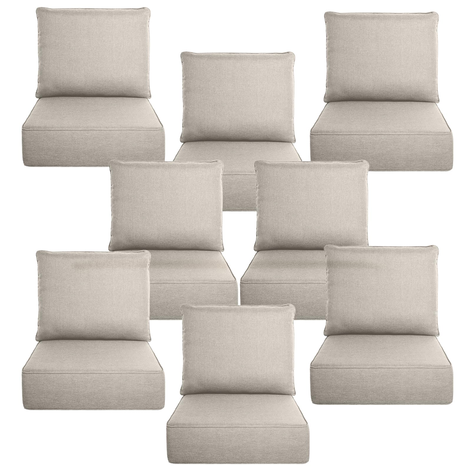 Luxury 6" Thick Outdoor Cushion Set 8 - 22x24 Patio Furniture Cushions with 28D High-Density Foam, Water-Resistant &amp; Fade-Resistant Fabric, Removable Covers for Patio Furniture Sofa Couch -Beige