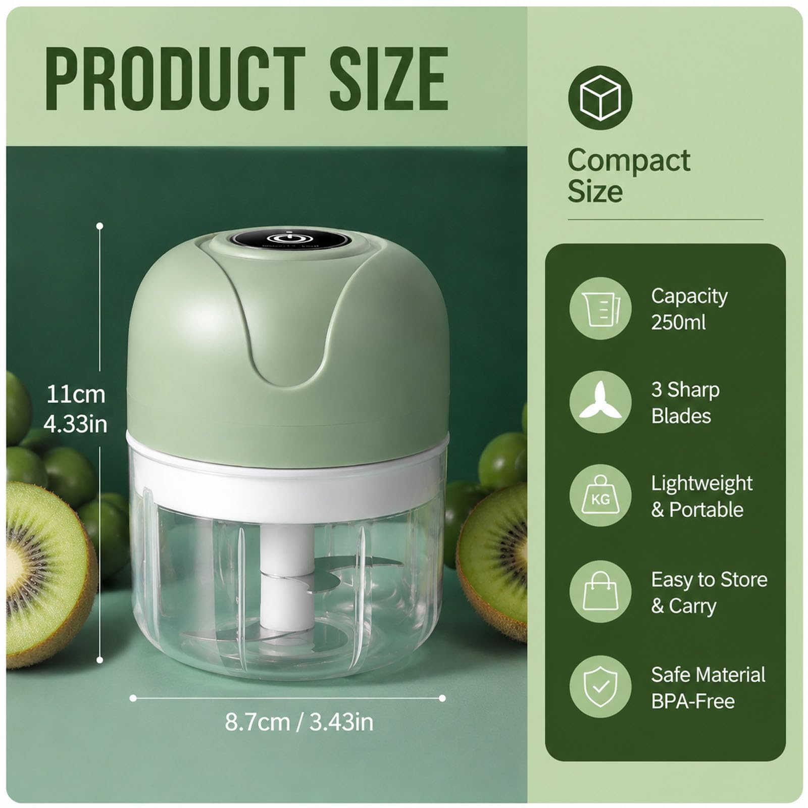 Tritaglio d'Aglio Elettrico, Mini Robot da Cucina Portatile da 250ml | 3 lame affilate, tritatutto per verdure, schiaccia aglio, trita cipolle, ricaricabile, per zenzero, peperoncino(2PCS-Green)