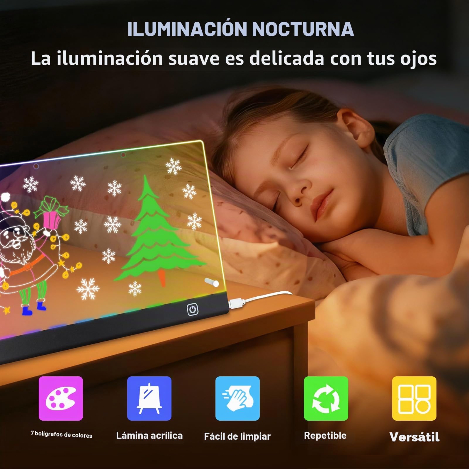 Pizarra LED Acrílica Borrable 32x21cm con 7 Bolígrafos Neón Tablero de Notas LED Iluminado con Soporte de Metal Regalo Creativo para Casa Oficina Niños