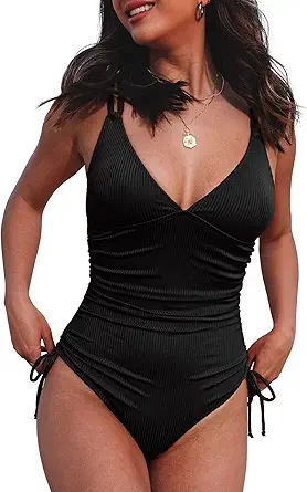 Aleumdr Women's V Neck One Piece Tummy Control Swimsuit Cheeky Tie Side High Cut Bathing Suit Ribbed Swimwear