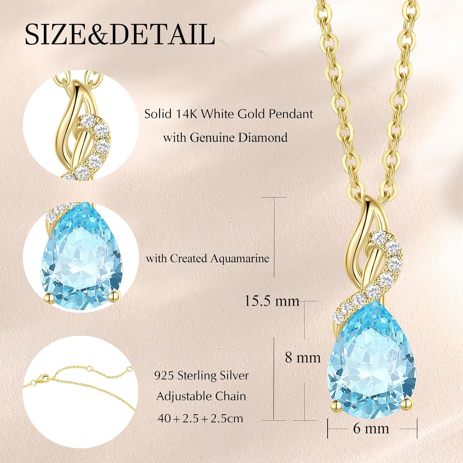 FANCIME Aquamarine Necklace March Birthstone Necklace 14K Solid Yellow Gold Teardrop Pendant with Diamond Jewelry Gifts for Mom Women - Image 2