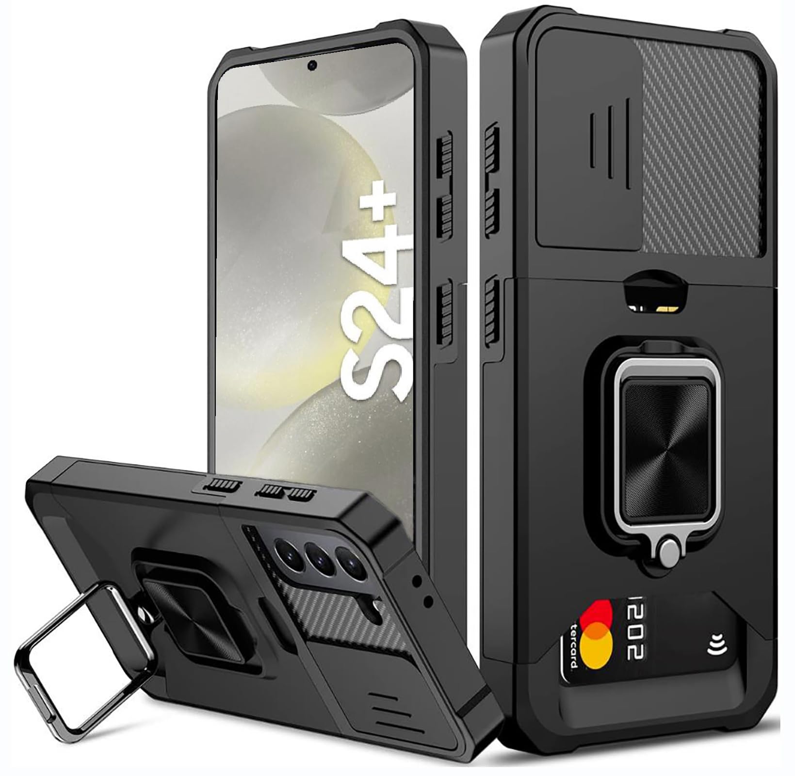 rojarou For Samsung Galaxy S24 Plus Case with Card Holder and Slide Camera Cover and 360° Rotate Ring Kickstand, for Sumsung S24 Plus Case Heavy Duty Protective Phone Case for S24 Plus Cover-black