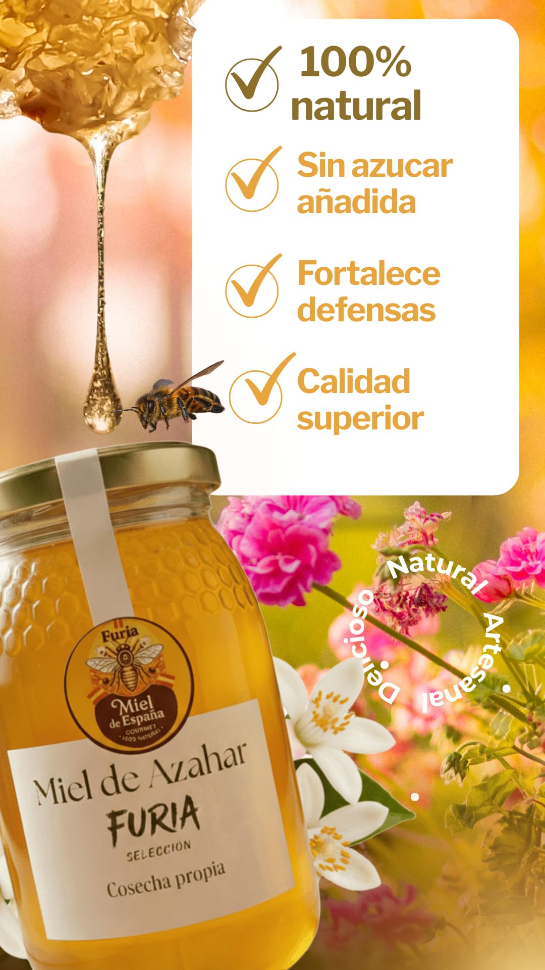 Miel de Azahar Cruda 500g – 100% Miel Pura de Abeja, Sin Pasteurizar – Flor de Naranjo Valenciana, Cosecha Propia Ecológica – Tarro de Cristal Reutilizable