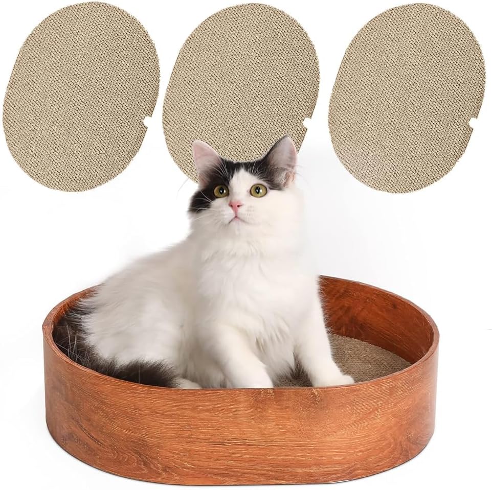 Cat Scratcher Box, 3 Cat Scratching Pads, Oval Shape Corrugated Cardboard Scratcher, Reversible Cat Scratch Couch Bed for Indoor Cats Kitten, Protecting Furniture (Wood-Grain)