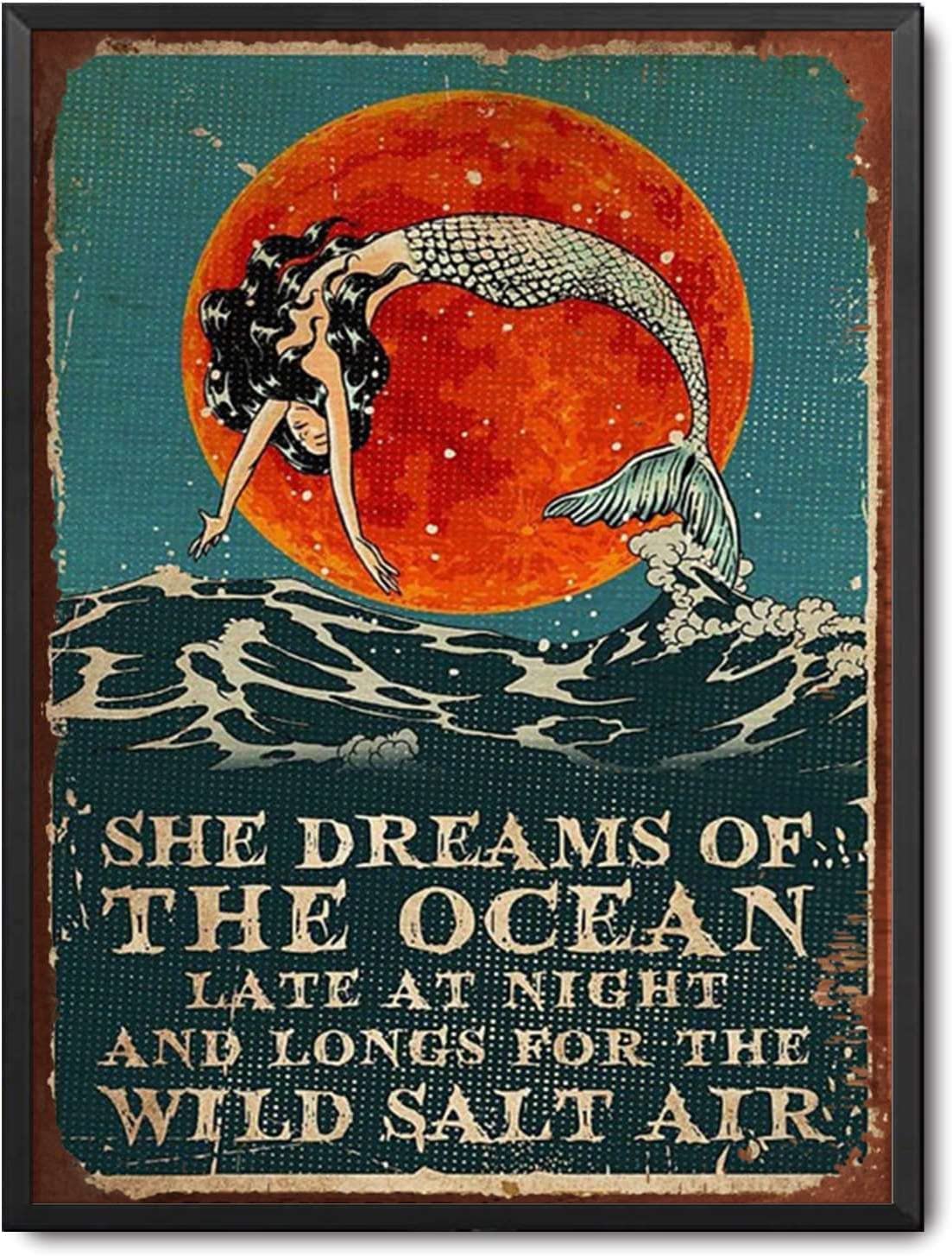 Decor Art Tin Signs Beach She Dreams of The Ocean Wild Late at Night and Longs for The Salt Air Beach Tin Sign Wall Poster Decor Funny Retro Bar Coffee Pub Sign 8x12 Inch