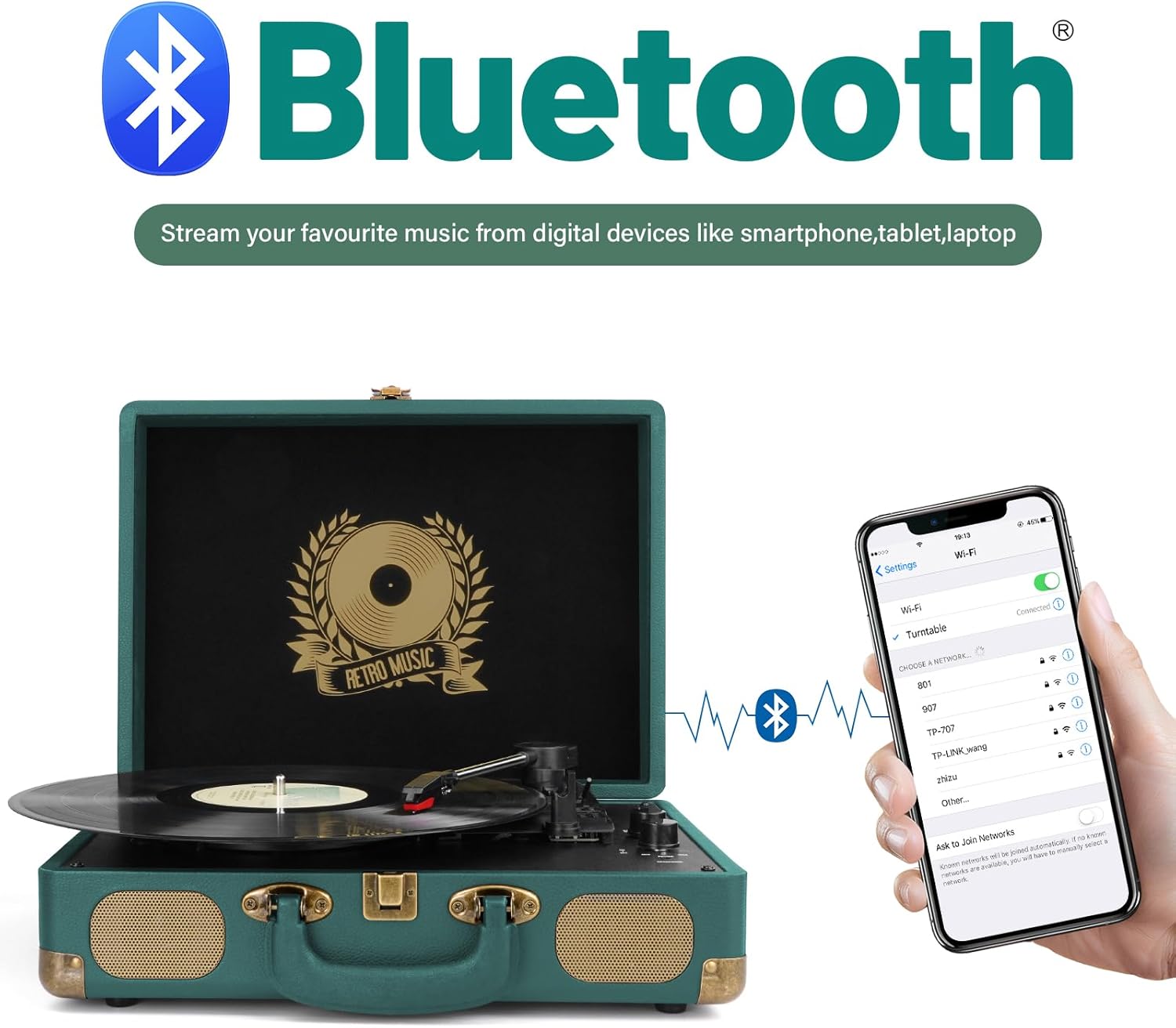 Mersoco M415 turntable connected via Bluetooth to a smartphone.