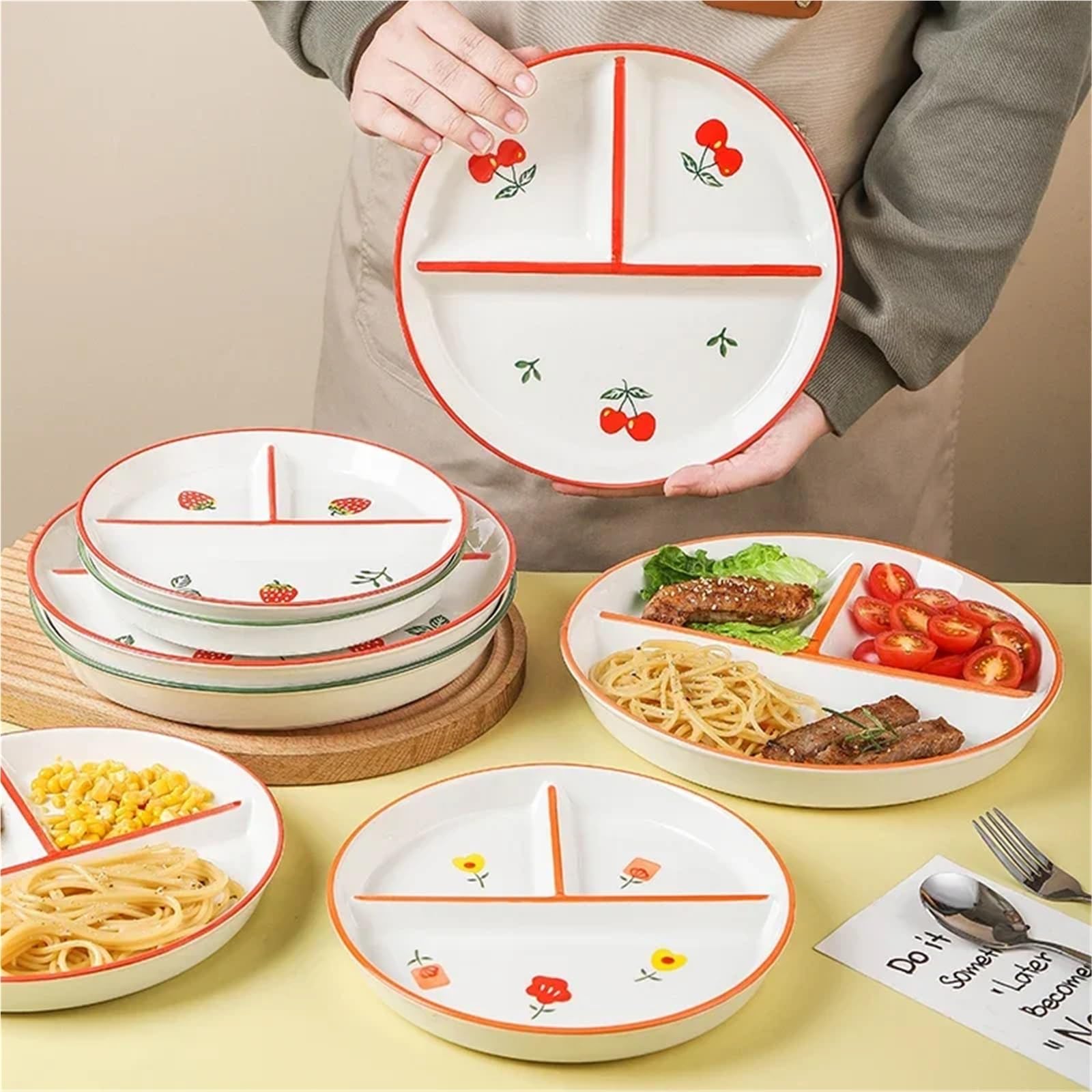Assiette Porcelaine Assiette à dîner en céramique, assiette à trois compartiments, assiette de petit-déjeuner familiale for 1 personne, assiette à séparation quantitative réduisant les graisses(8 inch