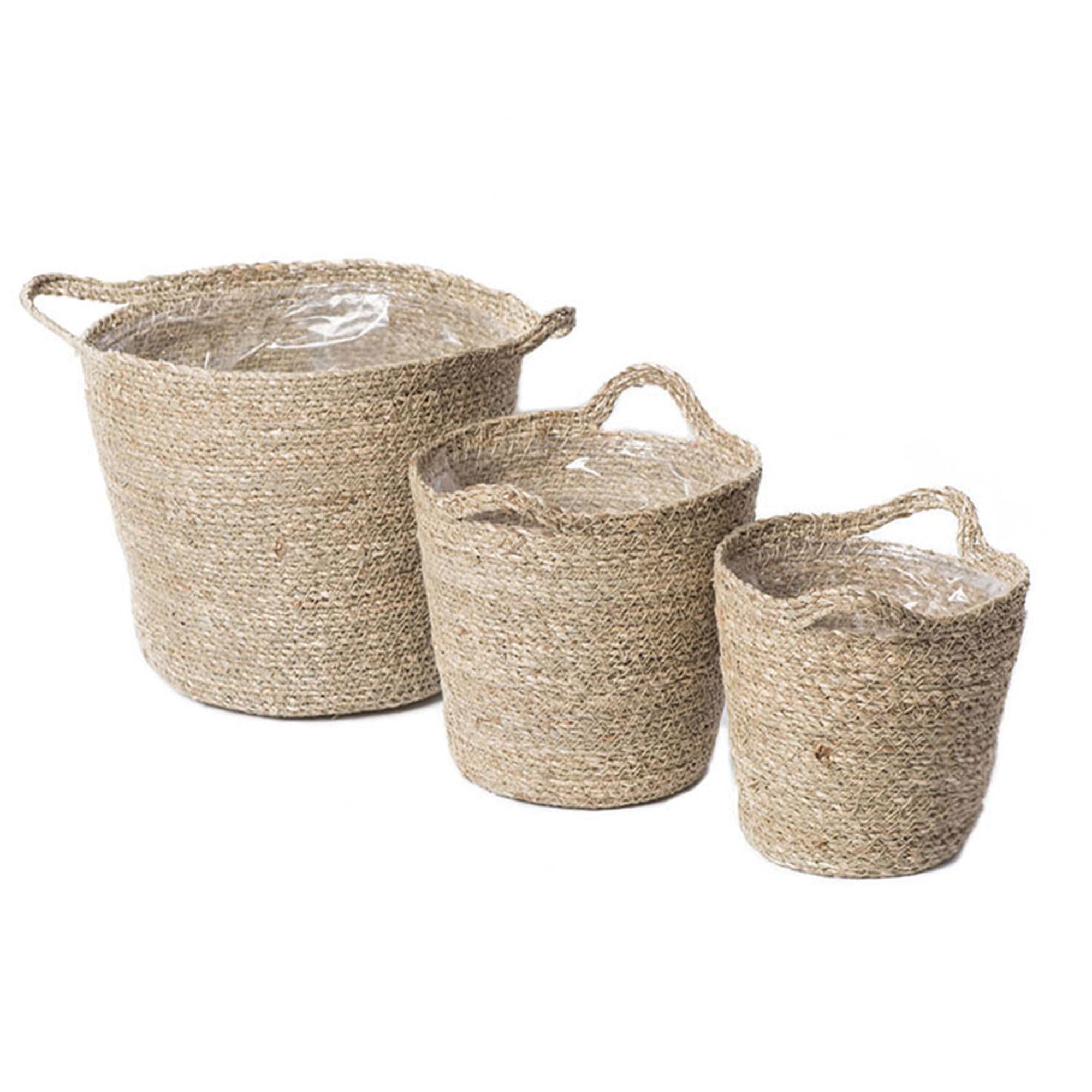 YDJIANCAI 1 Set Seagrass Indoor Planter With Plastic Lining, Woven Wicker Baskets For Indoor Outdoor Plants, Rustic Farmhouse Home Garden Decor