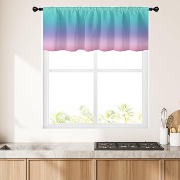 Teal Pink Kitchen Valance, Ombre, 52" W x 18" L, Rod Pocket | Cute Princess Aesthetic, Colorful Rainbow Gradient, Soft Light Aqua Purple, Kawaii Decor, Small Short Room Window Curtains