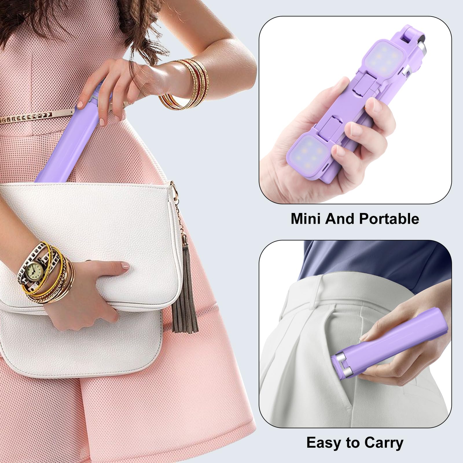 MQOUNY Mini iPhone Tripod Stand & Selfie Stick with Wireless Remote & Removable Light, Extendable Stand 360 Rotation Compatible with iPhone & Android Samsung (Purple)