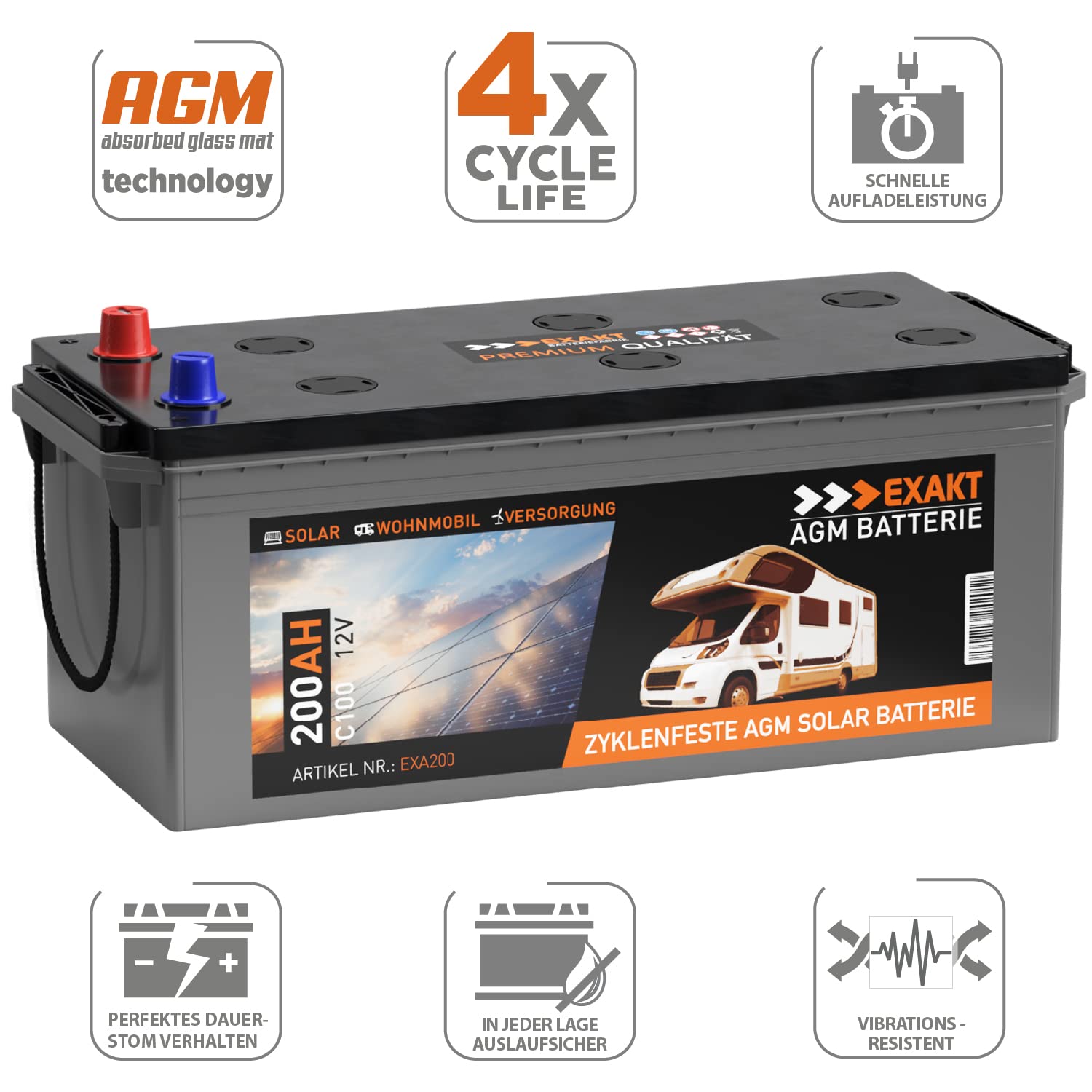EXAKT AGM Batterie 200Ah 12V Solarbatterie Wohnmobil Boot Versorgung 180Ah