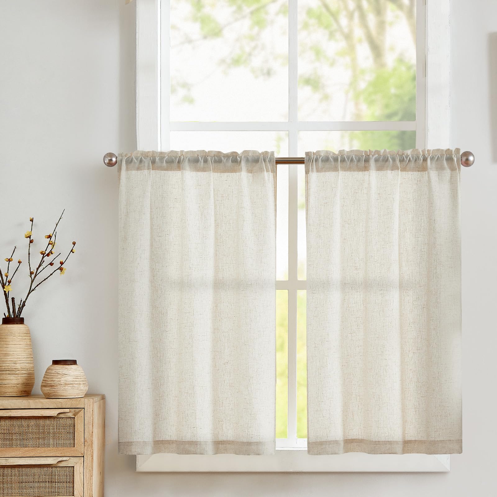 Vangao Scheibengardine Leinen Bistrogardine Halb Transparent Privatsphäre Uni Gardine Sheer Vorhang Paarig Schals Fensterschal