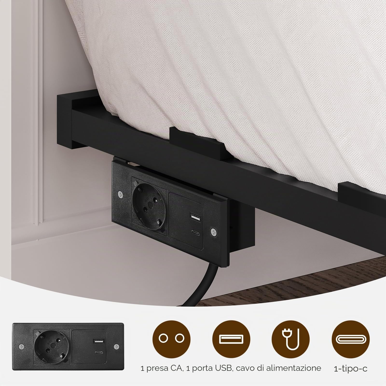 MAHANCRIS Struttura del Letto Sospeso 140 x 200 cm, Telaio in Metallo Letto Matrimoniale con Stazione di Ricarica e Luci LED, 1 Presa AC, 1 Porta USB-A e 1 Porta Type-C, Nero e LegnoABFHN637UE01