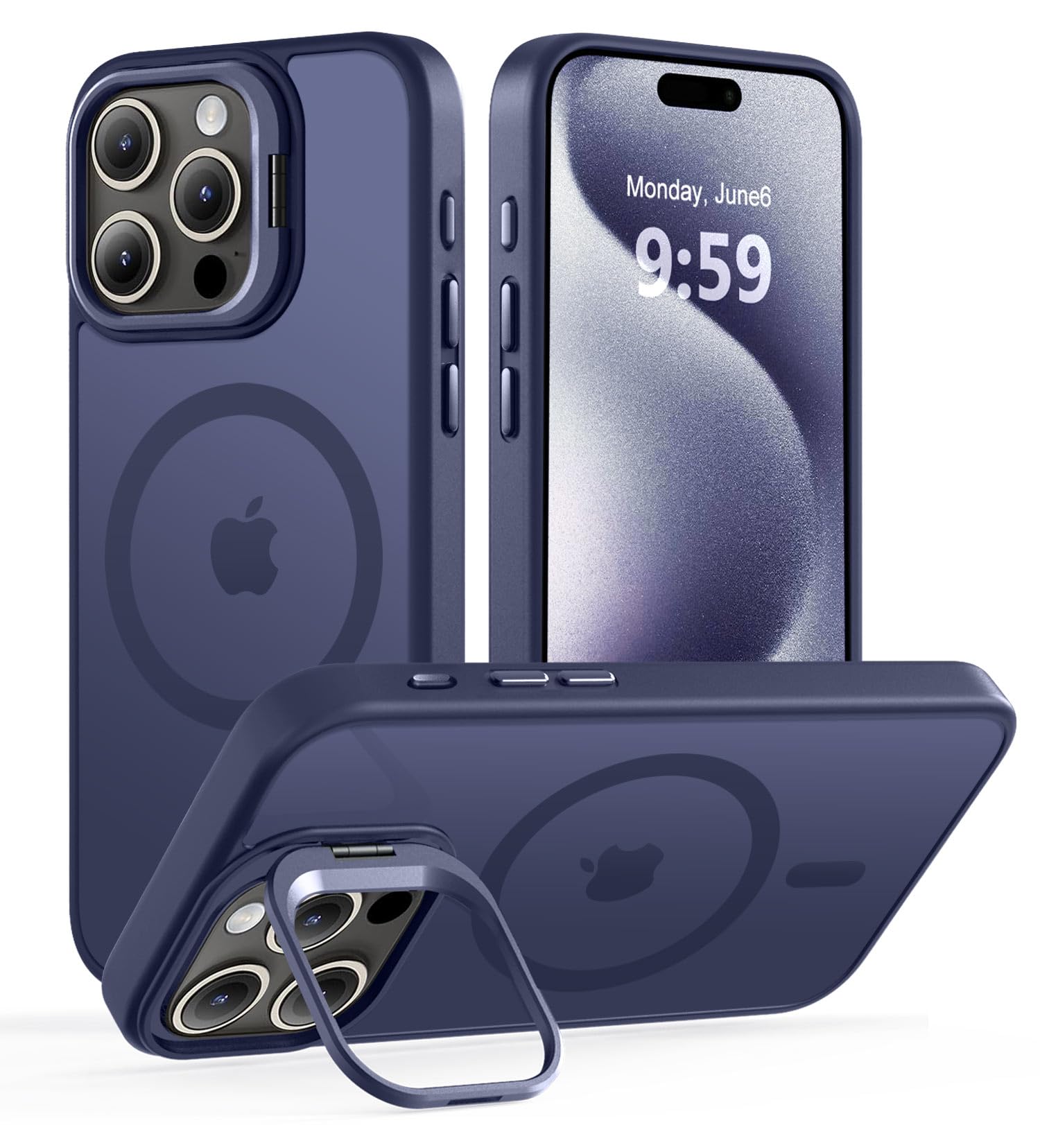 Photo 1 of VoBoEo Magnetic Case for iPhone 15 Pro with Kickstand, Compatible with Magsafe, Built-in Camera Stash Stand, Military Protection, Skin Feeling Phone Case for iPhone 15 Pro 6.1inch, Deep Blue