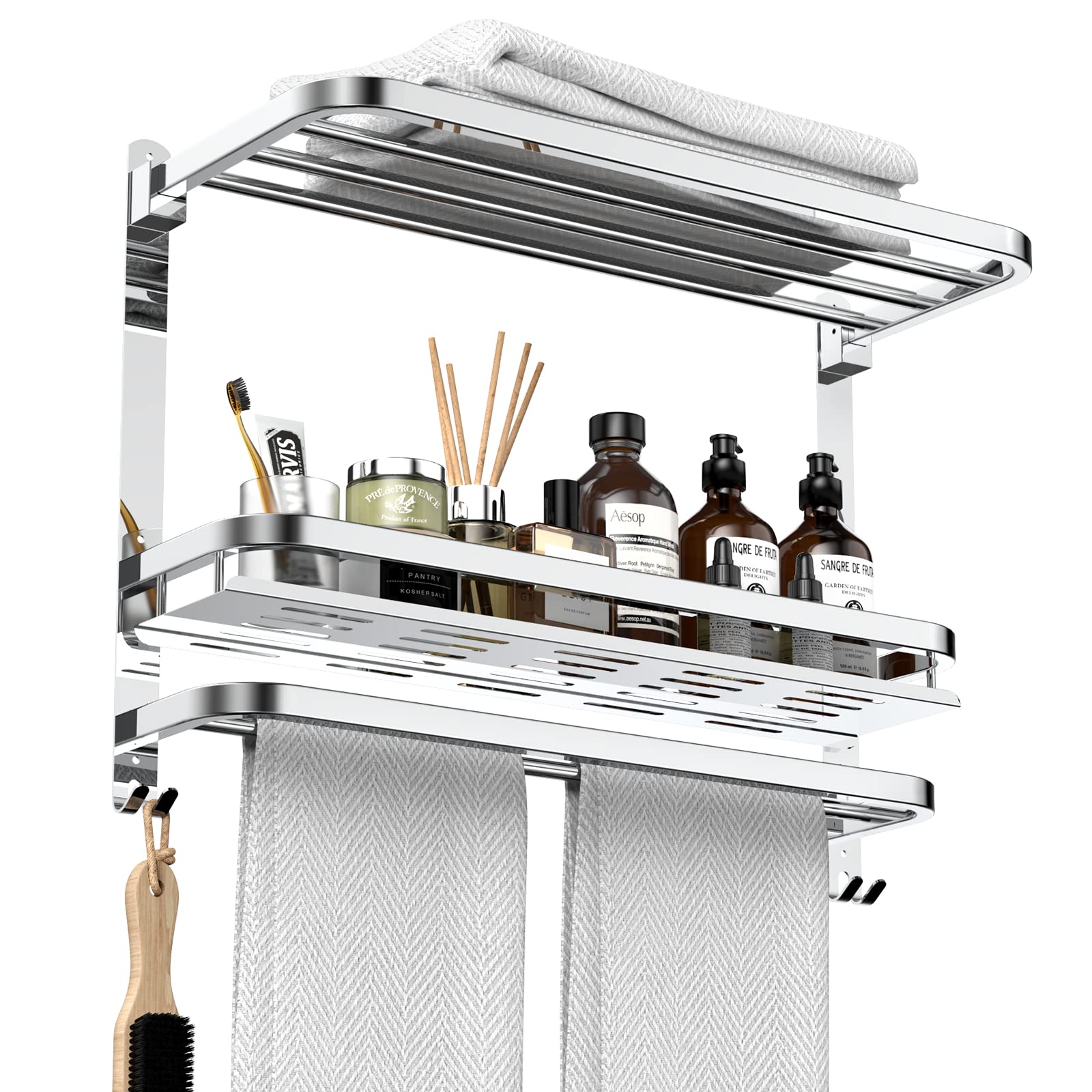 Photo 1 of CAXIMSY 22.8Inch Towel Rack for Bathroom and Lavatory Towel Hanger with Wall Mount Towel Bars 304 Stainless Steel No Drill (Collapsible Towel Rack with Bathroom Organize Shower Shelves)