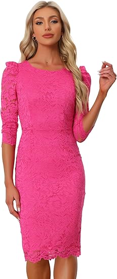 Allegra K Women's Elegant Lace Dress 3/4 Sleeve Business Wedding Guest Cocktail Bodycon Dress