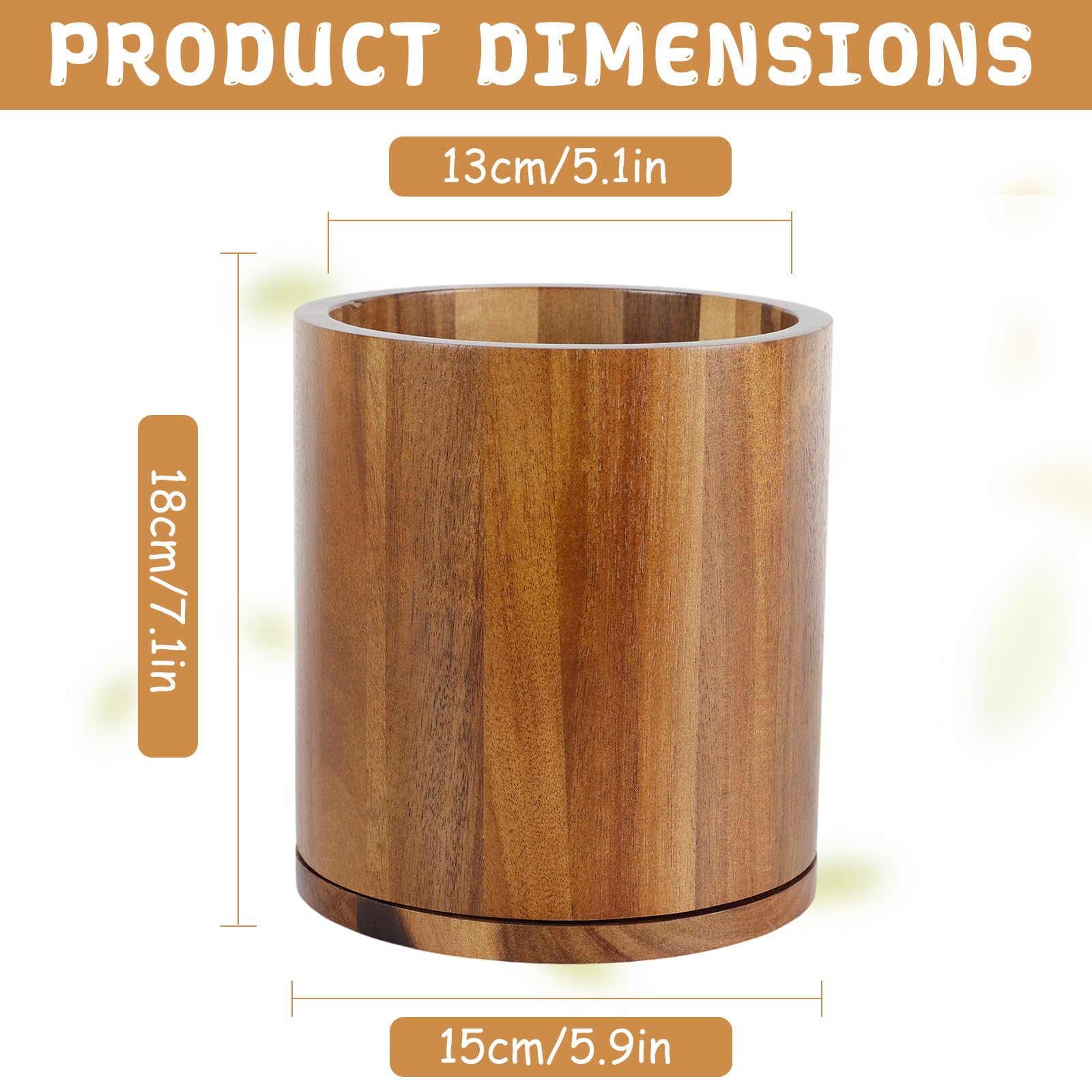 Portautensili da Cucina in Bambù Girevole 360°, 18.5×15.5×15.5cm, Impermeabile, Portautensili per Utensili da Cucina con Spazio 10-15 Utensili per Bancone da Cucina.
