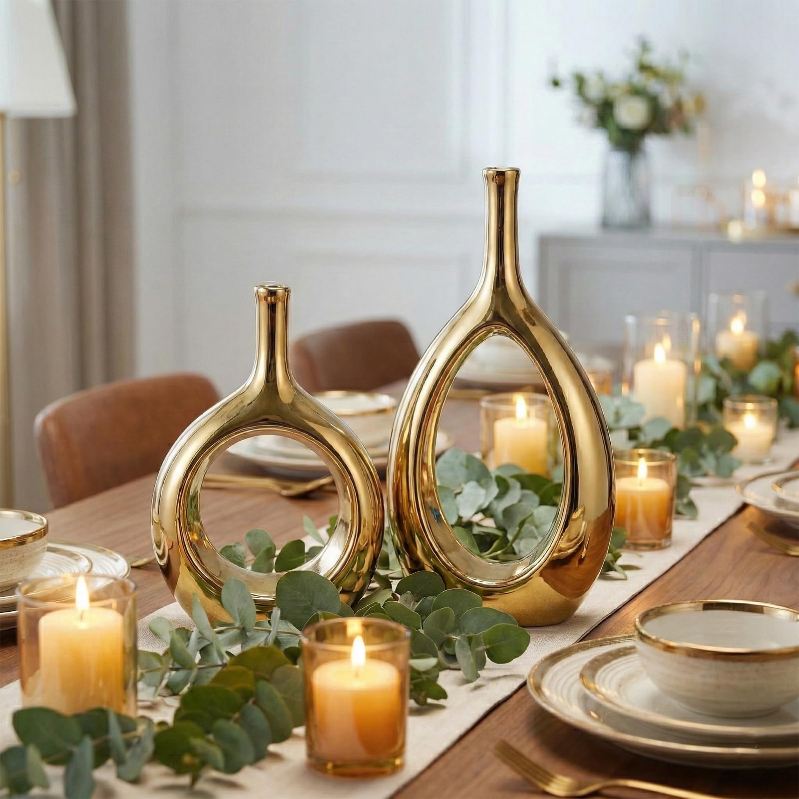 Set di 2 Vasi Moderni Decorativi in Ceramica Placcato Oro, Vaso Dorato con Design Aperto Centrale, Centrotavola Elegante per Soggiorno, Sala da Pranzo, Camera da Letto e Ingresso - Altezza 30.5 cm
