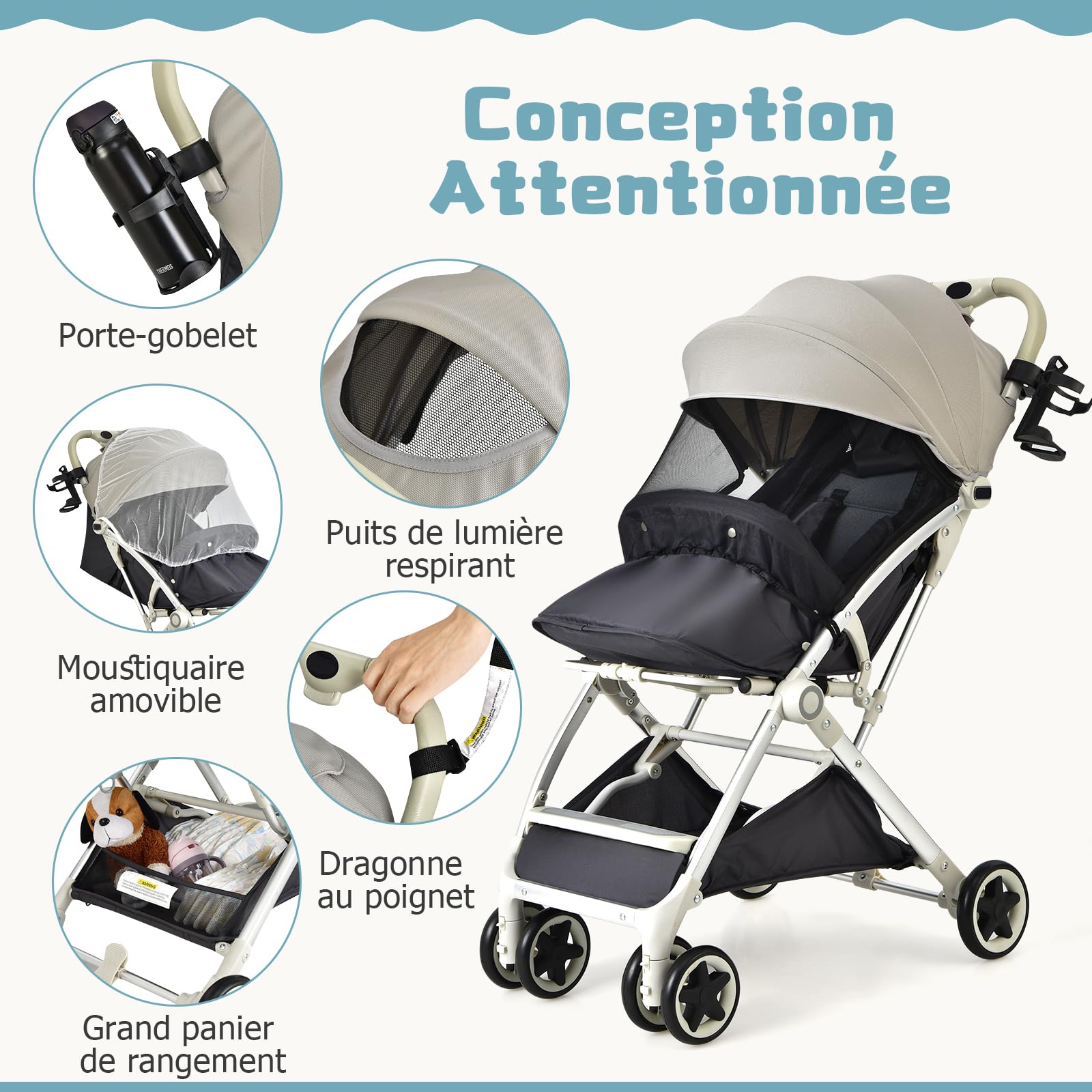 DREAMADE Poussette Légère Compact à 15 KG avec Dossier&Auvent&Repose-pieds Réglables,Poussette Canne Pliante Bébé 0-3 Ans avec Moustiquaires&Roues Verrouillables (Gris)