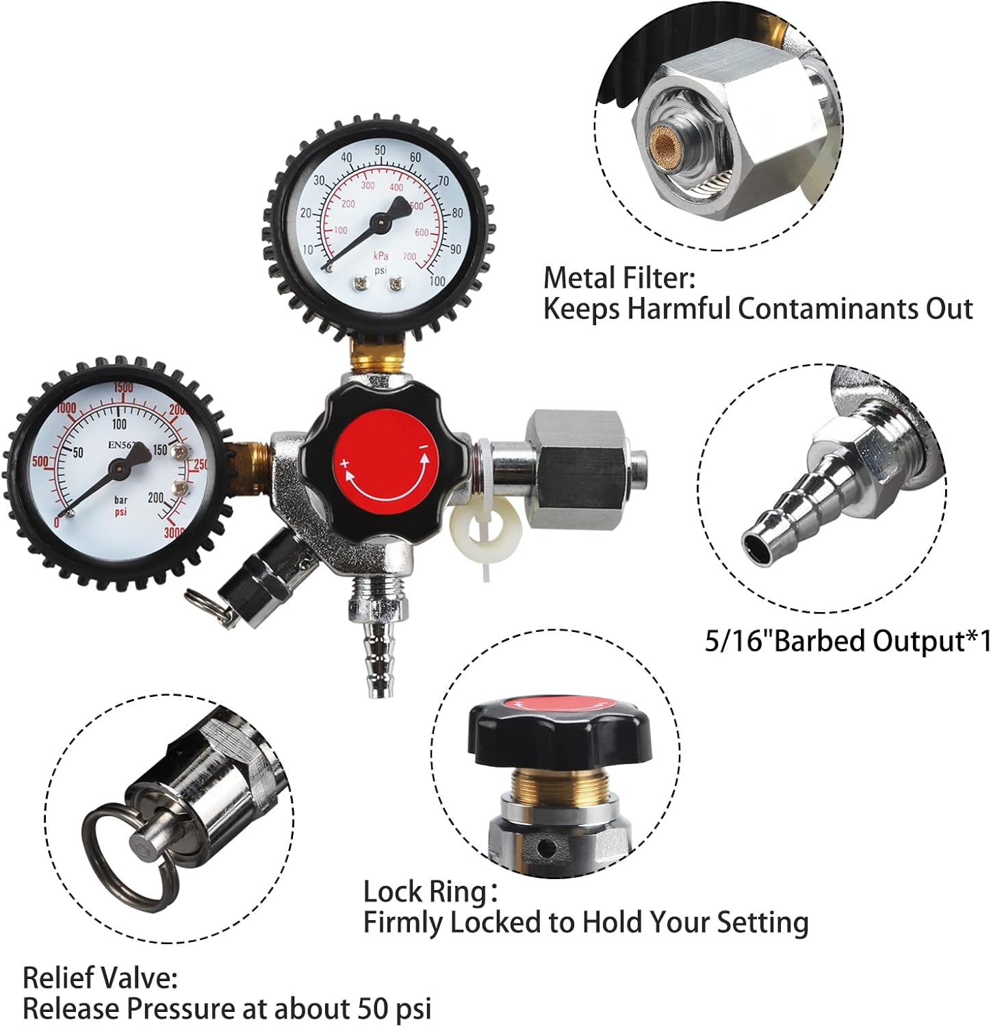 LUCKEG Dual Guage CO2 Regulator Draft Beer CGA320 Regulaor Keg Gas Air Kegerator Regulaor with Pressure Relief Valve Red gas line and Worm Calmps，Chrome，for Homebrew Keg Kegging