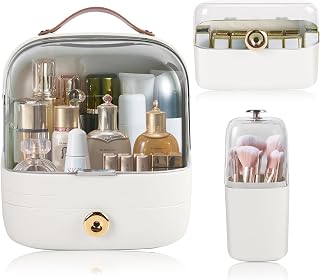 Makeup Organizer for Vanity, Make up Organizers and Storage with Brush Holder and Lipstick Organizer, Skincare Organizers Cosmetic Display Cases with Lid for Countertop, Bathroom, Ideal Women Gifts