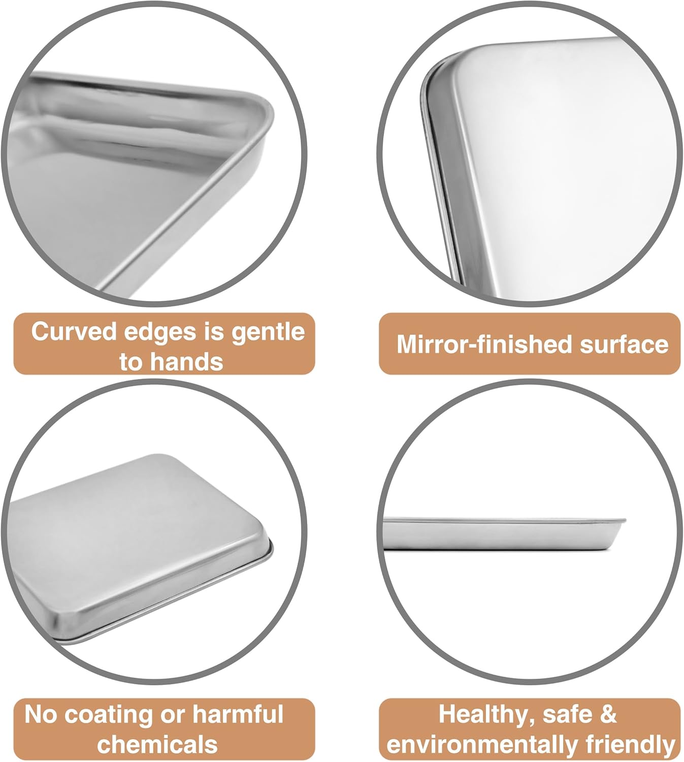 Pahareup-hareup view of the Aspire stainless steel baking sheet showing curved edges, mirror-finished surface, and indicating no coating or harmful chemicals, highlighting its healthy and environmentally friendly nature.