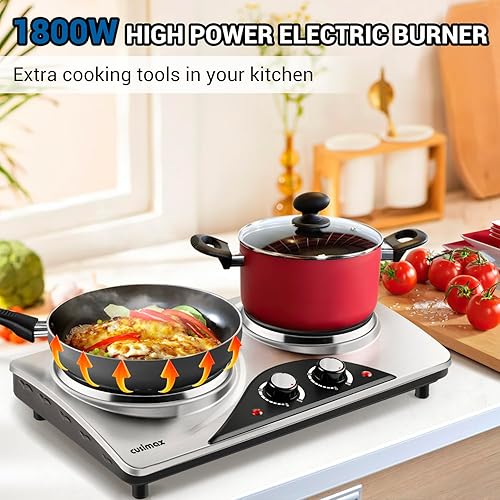 Miniatura 5 de CUSIMAX - Placa eléctrica de doble quemador de 1800 vatios para cocinar, quemador de encimera, placas calientes portátiles de hierro fundido con