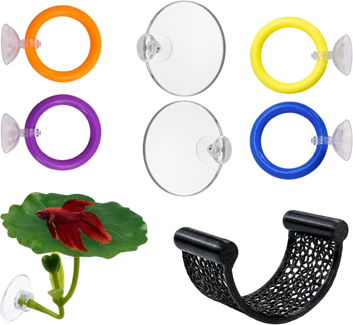 8-Piece Betta Fish Accessories, Tank Training Mirrors and Feeding Rings