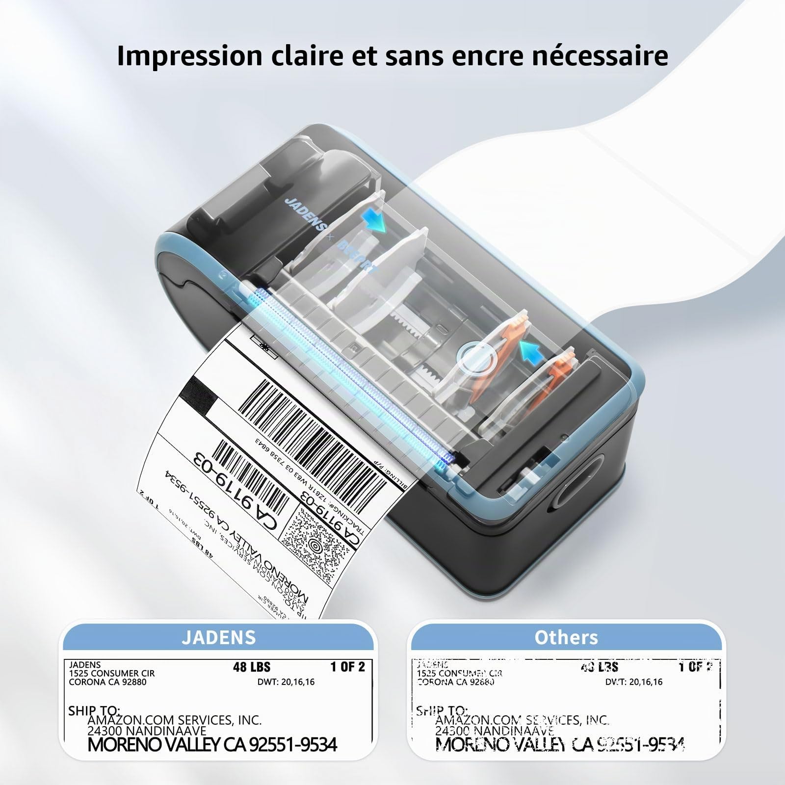 JADENS Imprimante d'étiquettes Thermiques sans Fil 4x6 pour l'expédition de Colis, Compatible avec Android, iPhone, Mac, Chromebook et Windows, utilisée pour Amazon