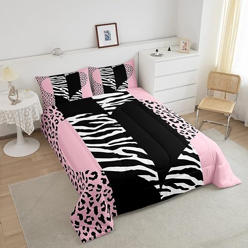 Miniatura 3 de Castle Fairy Juego de edredón con estampado de leopardo rosa y negro, juego de edredón de retazos de piel de cebro, tamaño King, para niños, niñas,