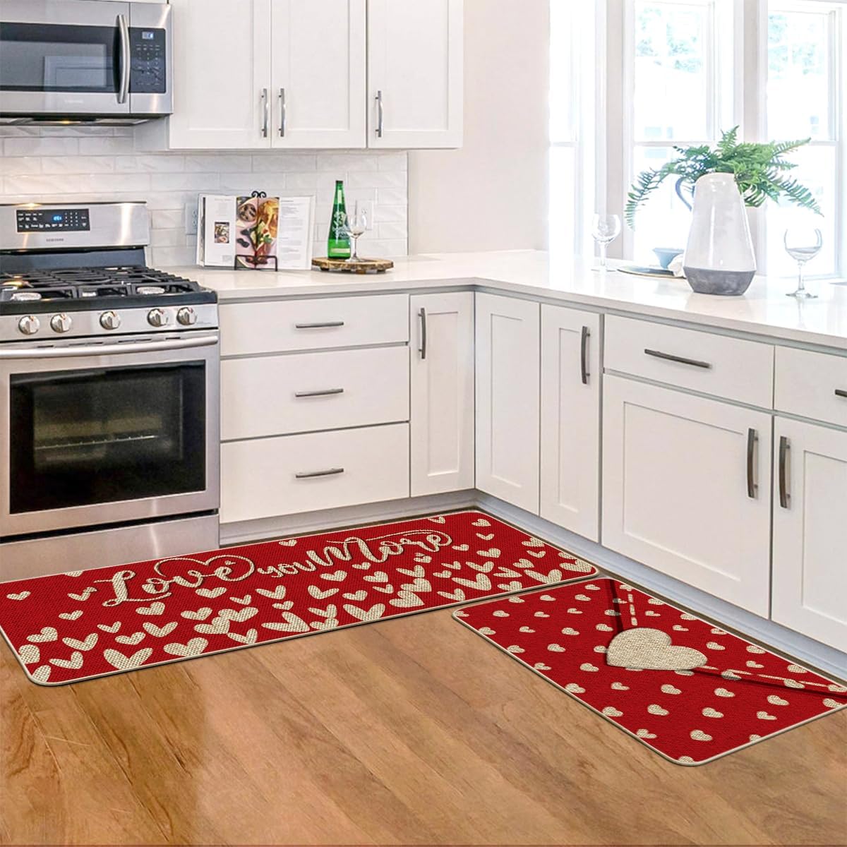 Artoid Mode Envelope Love You More Heart Kitchen Mats Set of 2, Home Decor Low-Profile Kitchen Rugs for Floor - 17x29 and 17x47 Inch