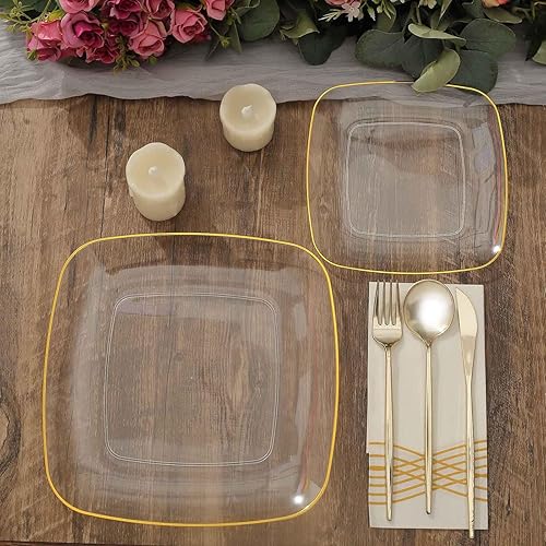 Miniatura 8 de Efavormart - Paquete de 10 platos cuadrados de plástico transparente de 7 pulgadas con borde dorado platos de ensalada desechables para aperitivos