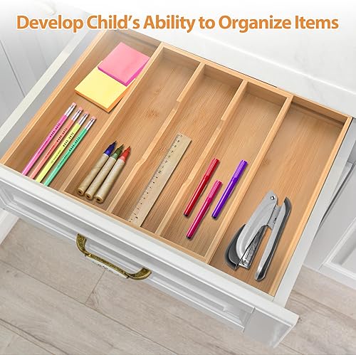 Miniatura 8 de Organizador de cajones de cocina expandible de bambú, 13 a 23 pulgadas, bandeja ajustable para utensilios y cubiertos, organizador de cajones de