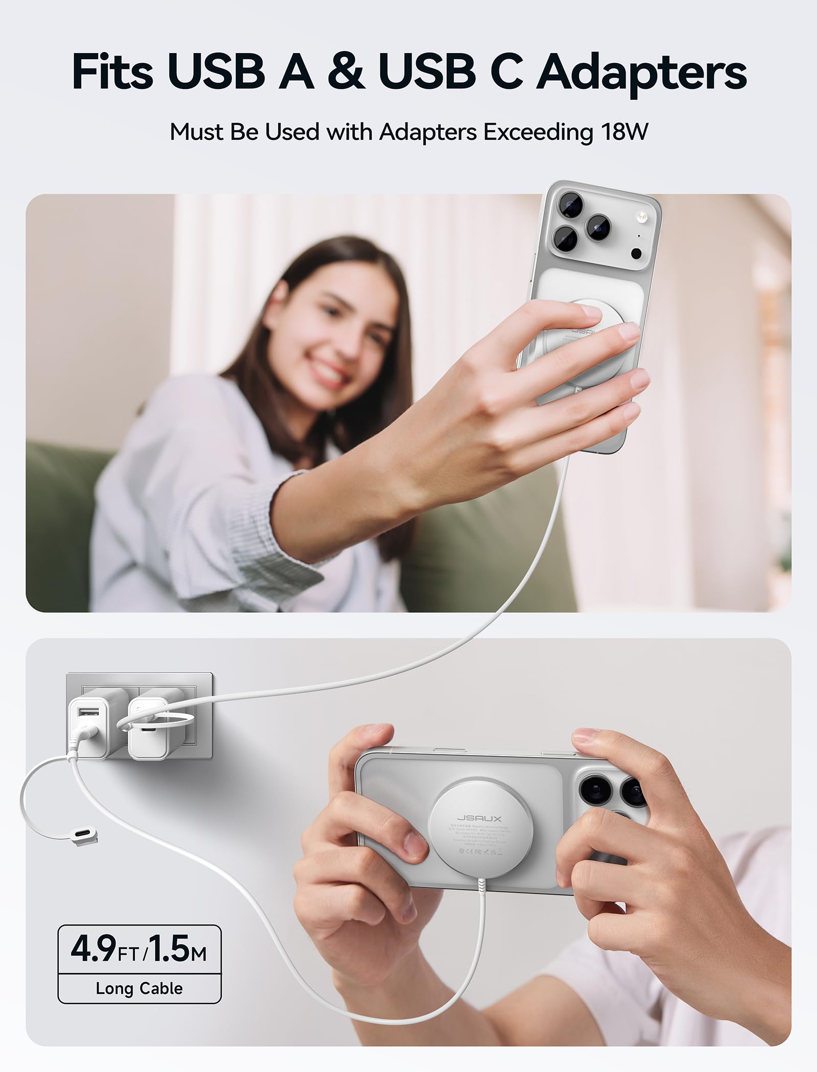 JSAUX 15W Mag-Safe Ładowarka magnetyczna kompatybilna do MagSafe iPhone 14 Plus/iPhone 14 Pro Max/iPhone 13 Pro Max/13 Pro Max/13 Mini/13 Pro/13/12 Mini/12 Pro Max/Airpods Pro Srebrny