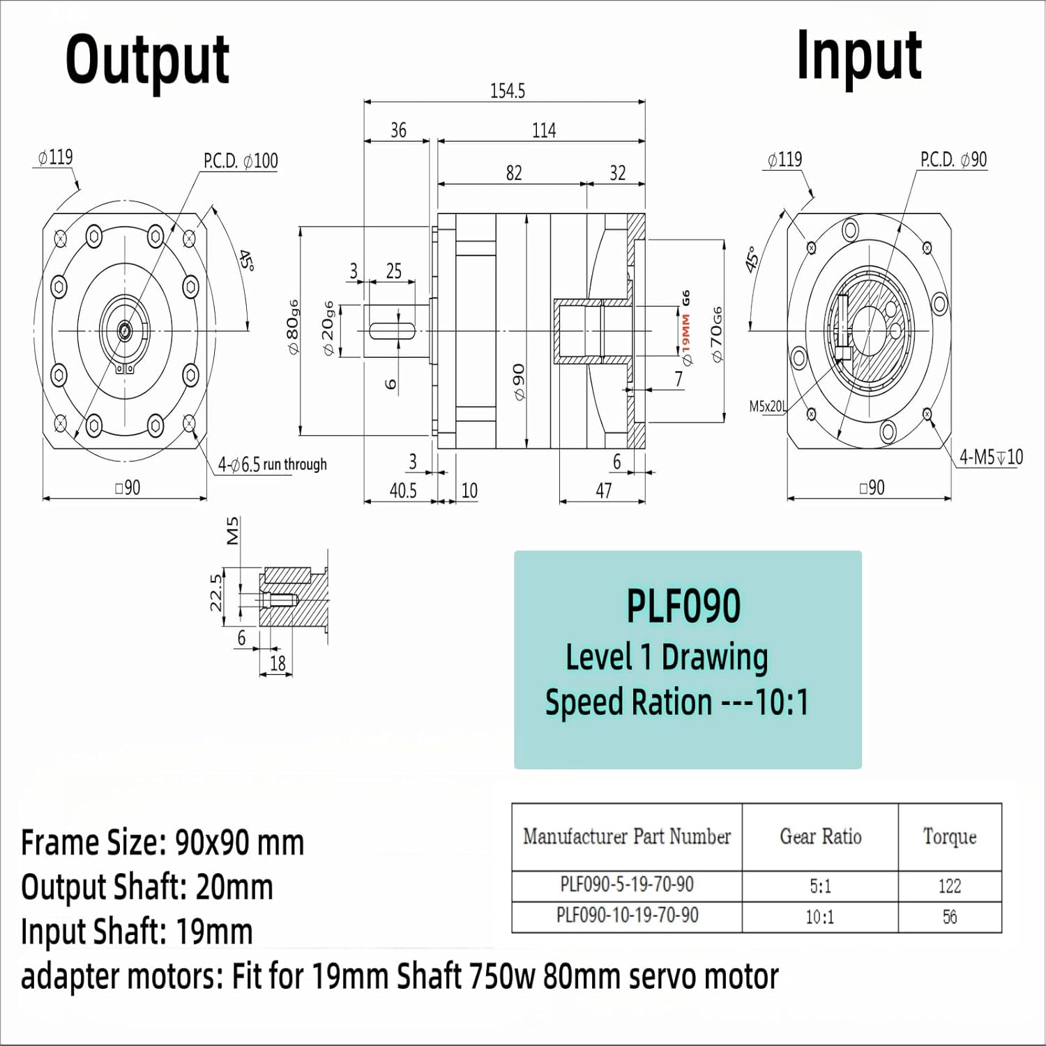 Planetary Gearbox Speed Reducer Gear Head Ratio 10:1 Backlash <= 7 arc-min for 19mm Input Shaft 750w 80mm Servo Motor, Planetary Reducers 3500RPM Gear Box Reducer