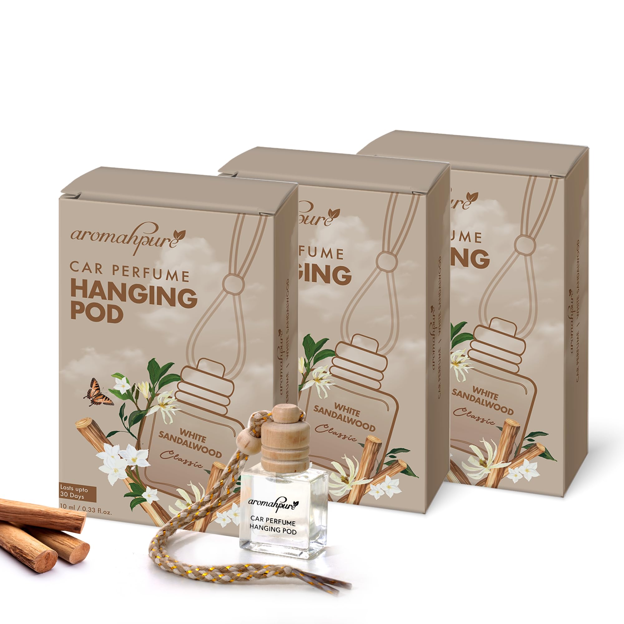 AromahpurePremium Car Perfume Hanging Pod |10 ML |Sandalwood Fragrance Car Air Freshener |Natural Essential Fragrance Oils in Glass Bottle with Wooden Diffuser Lid |Long Lasting upto 60 days (Pack 3)
