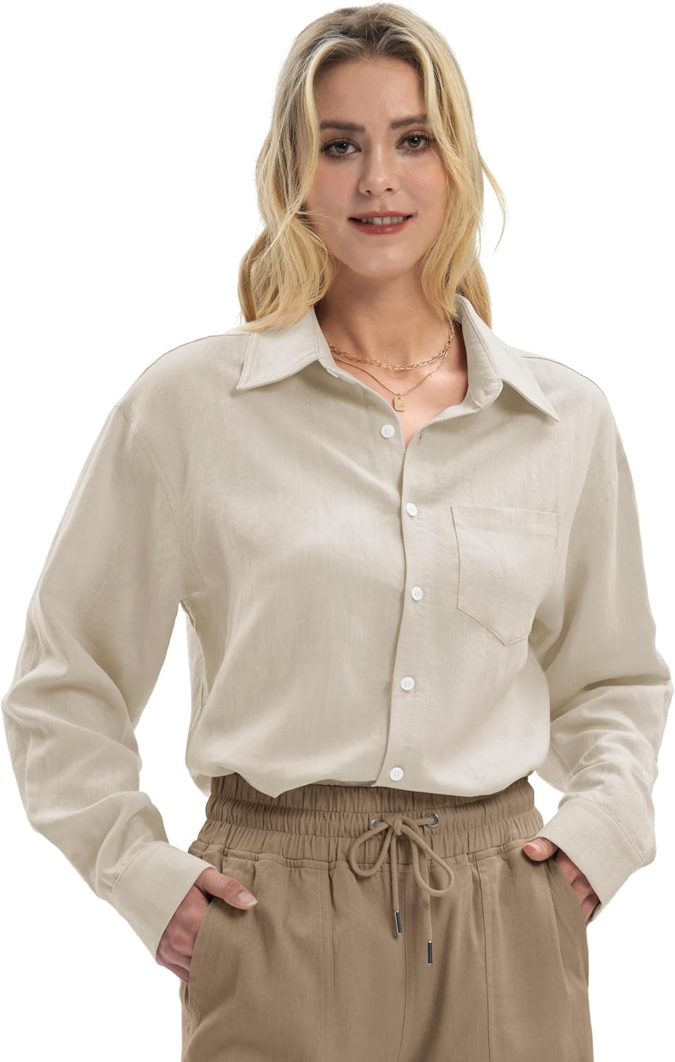 Women's Linen Shirts Casual Button Down Linen Tops for Women Long Sleeve Loose Fit for Summer Beach Vacation - Image 3