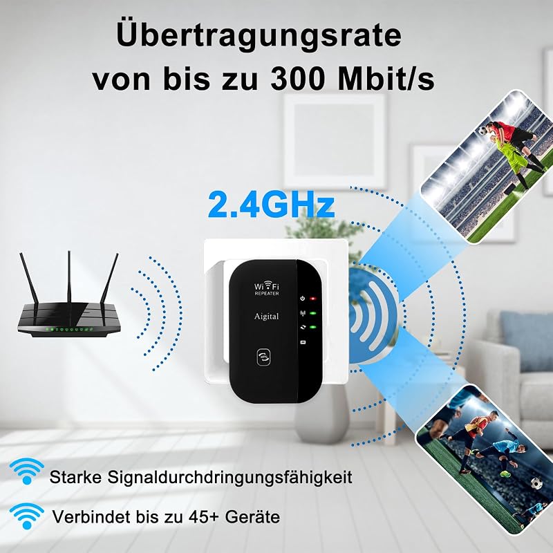 Aigital WLAN Jelerősítő 300 Mbit/s - WiFi Hatótávnövelő Ethernet Porttal, WPS Gombbal, AP Móddal, Kompakt Fekete Kivitel, Minden WiFi Eszköz