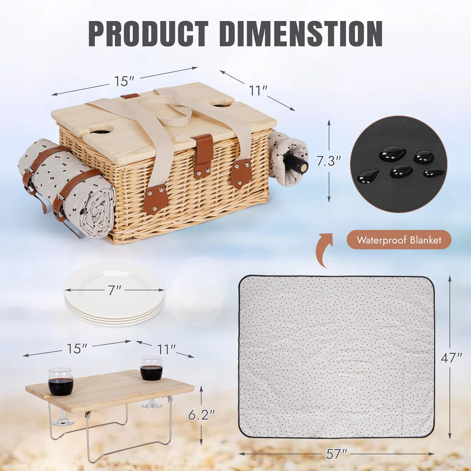 HappyPicnic Picnic Basket for 4, Handmade Wicker Picnic Set with Folding Table and Waterproof Blanket, Large Insulated Picnic Basket with Wine Bag & Cutlery Kit for Picnic, Camping, Holidays (Leaf)