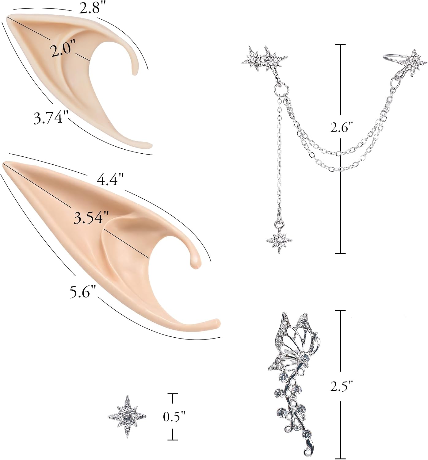 FRESHME Elf Ears with Piercings - Handmade Fairy Ears with Gold Butterfly Earrings Cuffs