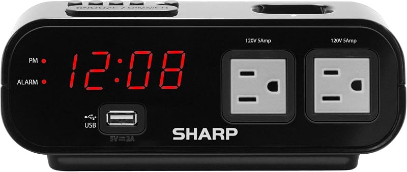 Sharp Alarm Clock with 2 Outlets, Fast USB Charging and Surge Protection