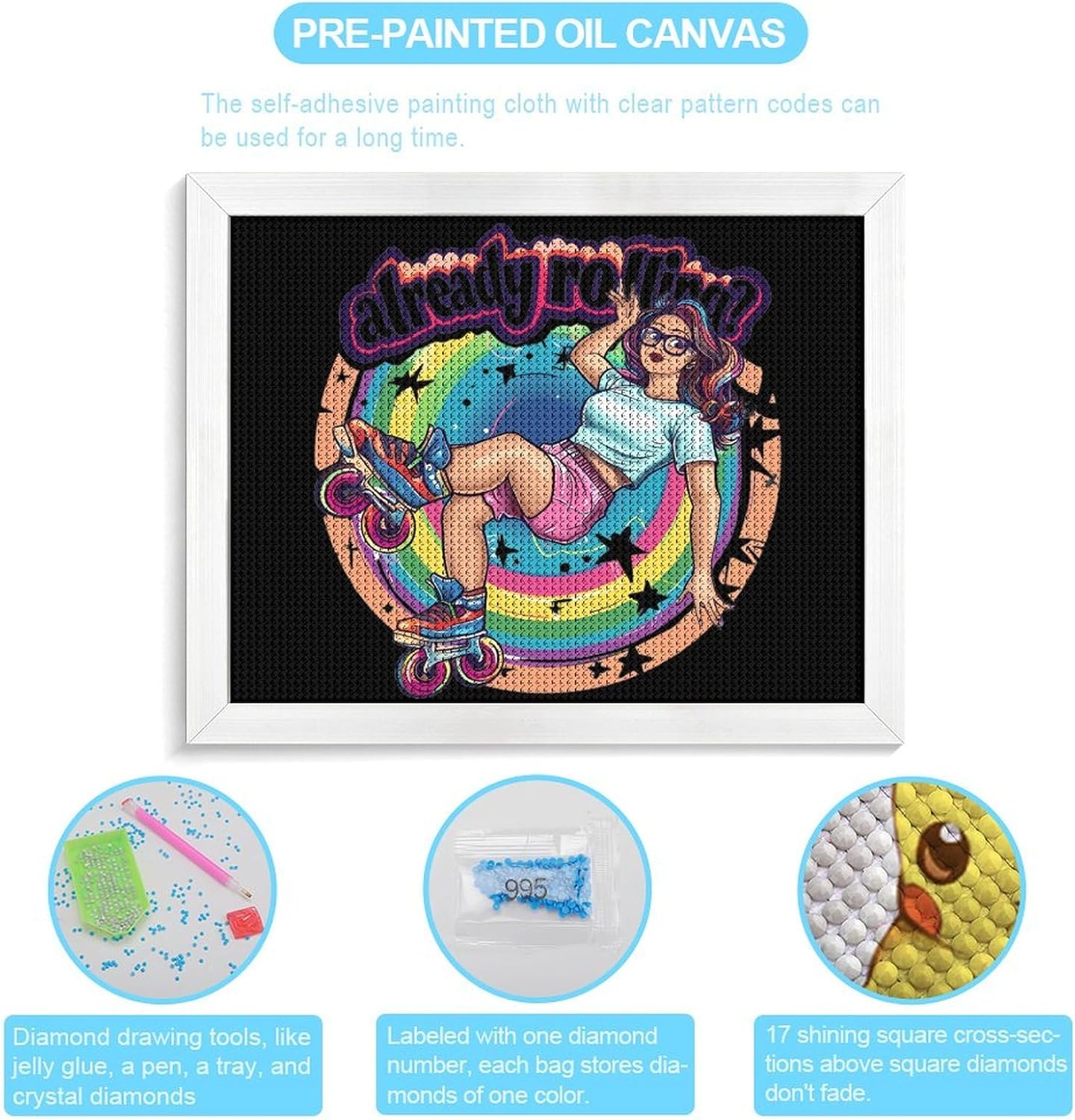 Active Roller Skating Rolling Printed Diamond 5D Painting Kit 16x20in DIY Full Drill Craft with Tools for Home Wall Decor Gift White Wood 50 * 40cm