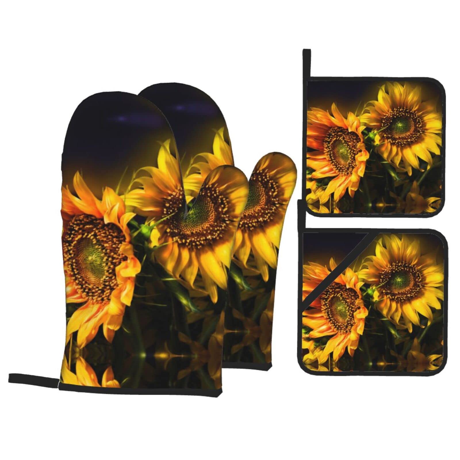Sunflowers Painting Oven Mitt and Pot Holder 4-Piece Set for Kitchen, Outdoor Grill, Baking