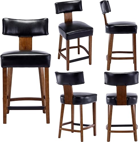 Miniatura 6 de Juego de 2 taburetes de bar tapizados de piel sintética de 26 pulgadas de alto, con respaldo curvado y patas de madera para isla de cocina, color