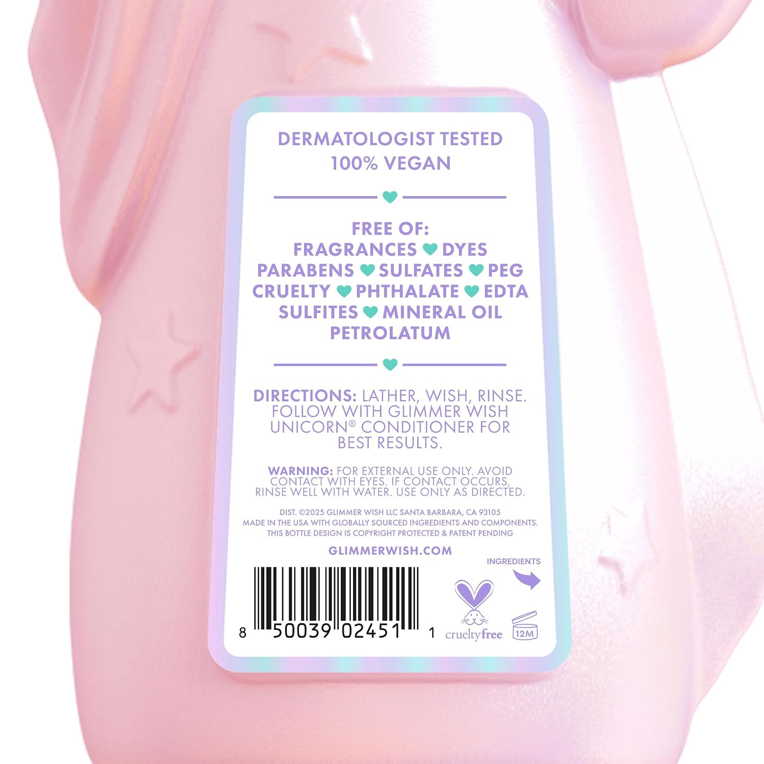 Glimmer Wish Fragrance Free and Dye Free Kids Shampoo for Sensitive Skin, Organic Botanicals, Aloe and Pro-Vitamin B5, 12 Fl Oz (Unicorn)