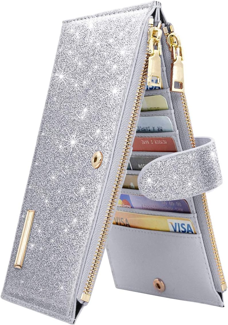 Womens RFID Blocking Glitter Wallet Multi Card Organizer Bifold Wallet for Women with Zipper Pocket,Silver