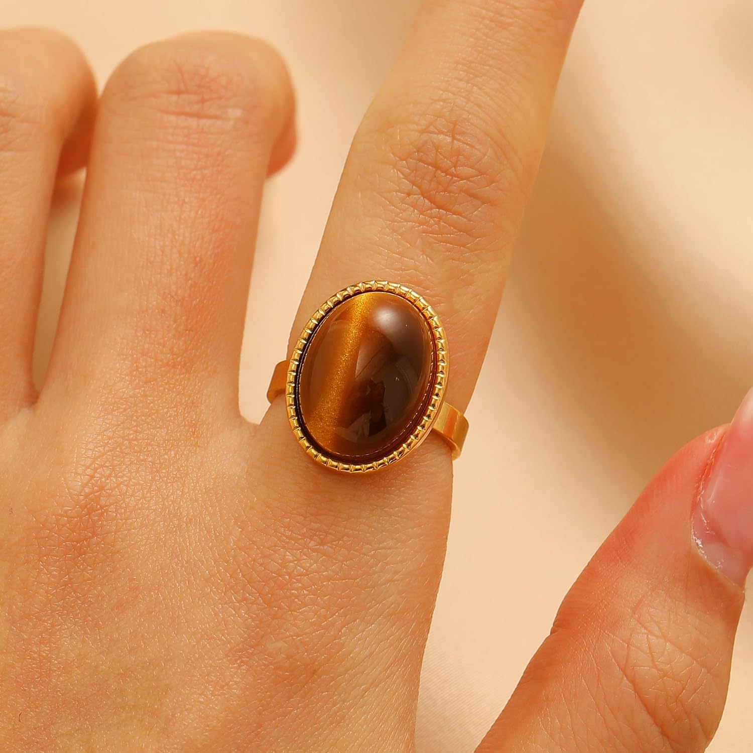 Tiger Eye Oval 18K Cabochon Spiral Halo Textured Geometric Chunky Statement Ring For Women Vintage Boho Classic Gold Colors - Image 2