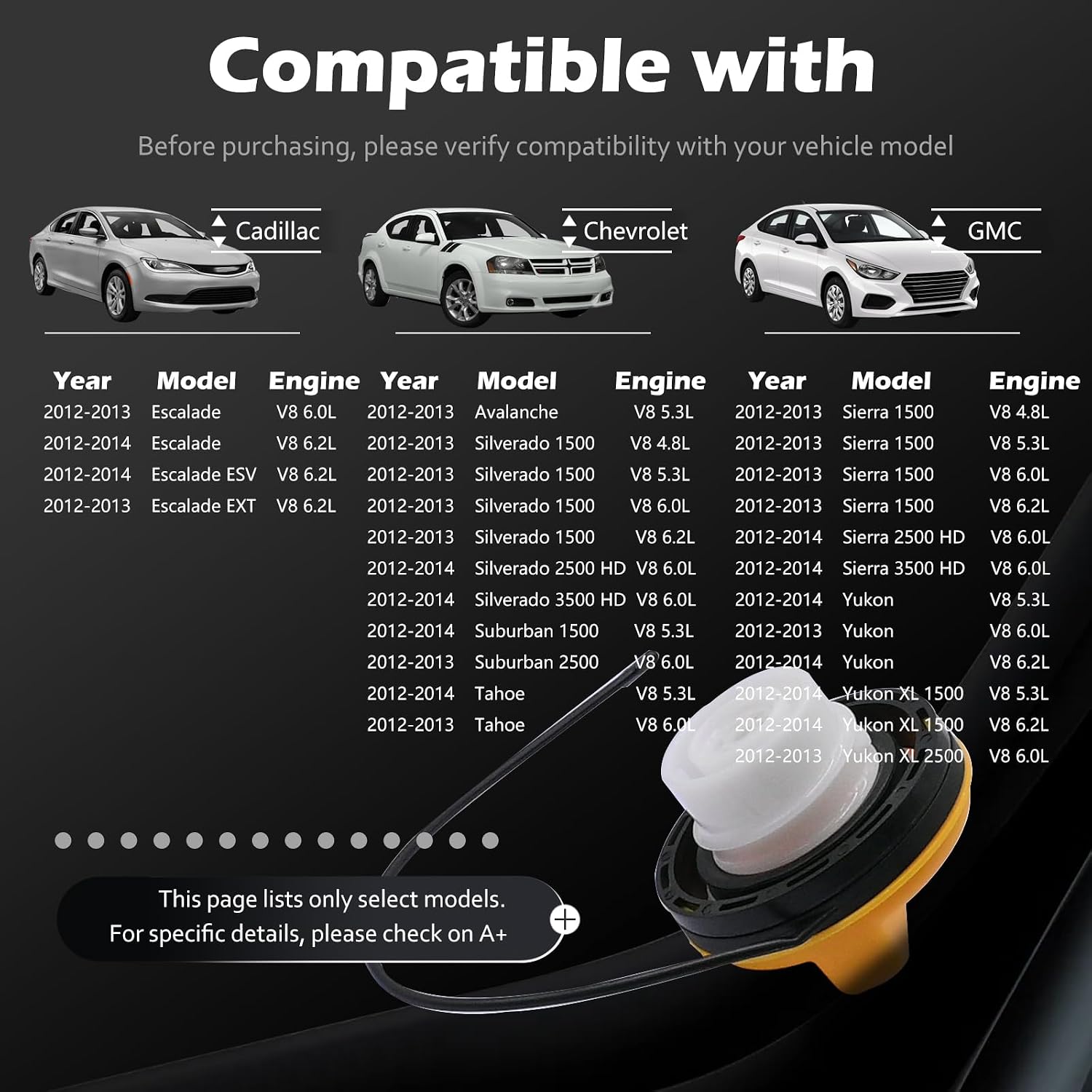 Gas Fuel Tank Filler Cap Compatible with Cadillac Escalade ESV EXT - for Chevrolet Avalanche Silverado Suburban 1500 2500 3500 HD Tahoe - for GMC Sierra Yukon XL 1500 2500 3500 HD OE # 20962524