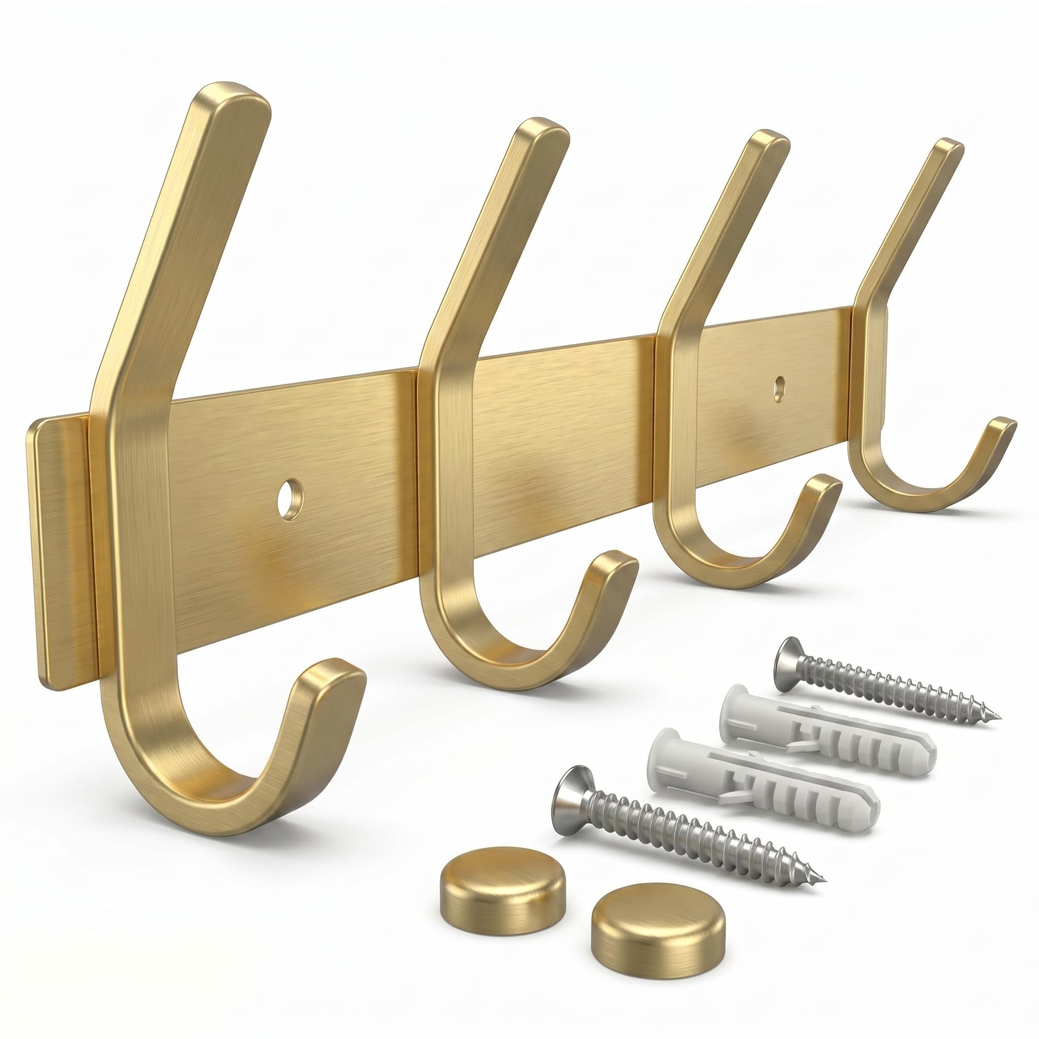 SAYONEYES Brushed Gold Wall Mounted Coat Rack – 12 Inch Stainless Steel Rail with 4 Double Coat Hooks for Entryway, Bathroom, Bedroom, Kitchen – Modern Gold Hook Rack for Coats, Hats, Towels