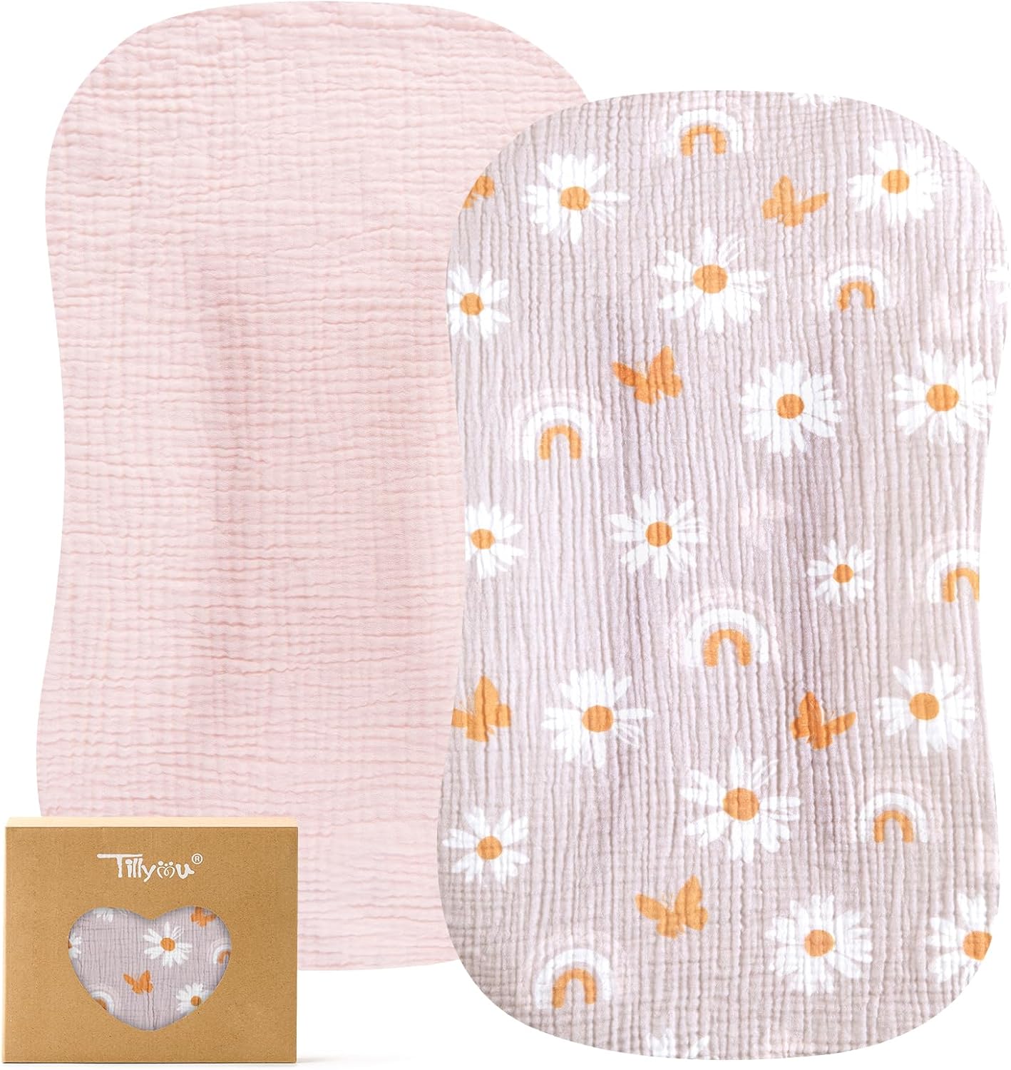 TILLYOU Muslin Baby Lounger Cover, 100% Cotton Newborn Lounger Cover, 2 Pack Baby Nest Slipcover for Boys Girls, Cover Only, Pink Butterfly